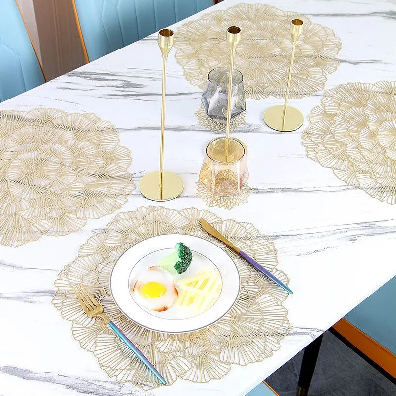 Gold Hollow PVC Round Flower Dining Pad