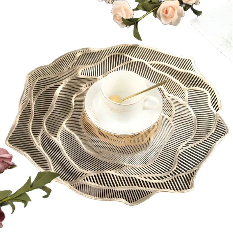 Gold Hollow PVC Round Flower Dining Pad